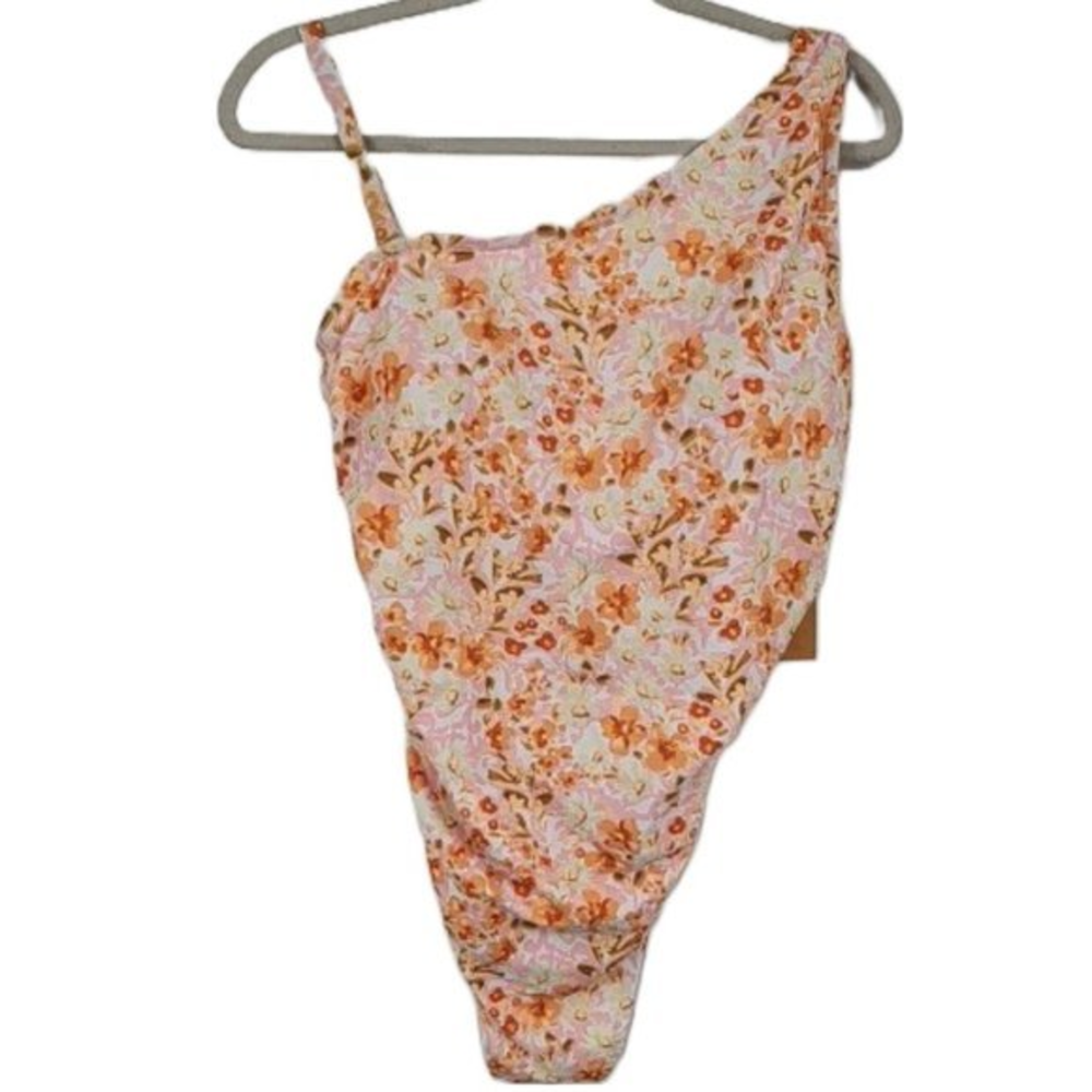 Kona Sol One Piece Swimsuit Floral Pink Orange Lightly‎ Padded Ruched Size 16W